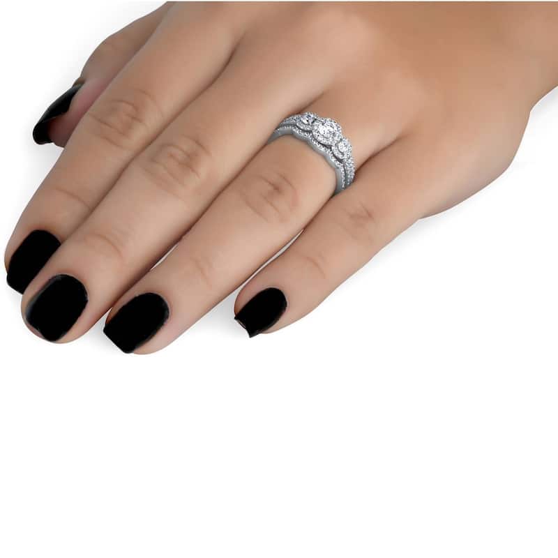 1.00CT 3-Stone Diamond Engagement Wedding Ring Set 10K White Gold