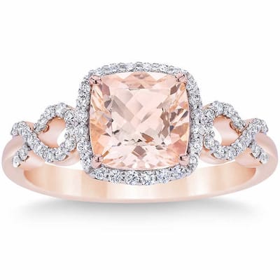 Pompeii3 10k Rose Gold 2 1/2 Ct Morganite Cushion Halo Diamond Ring