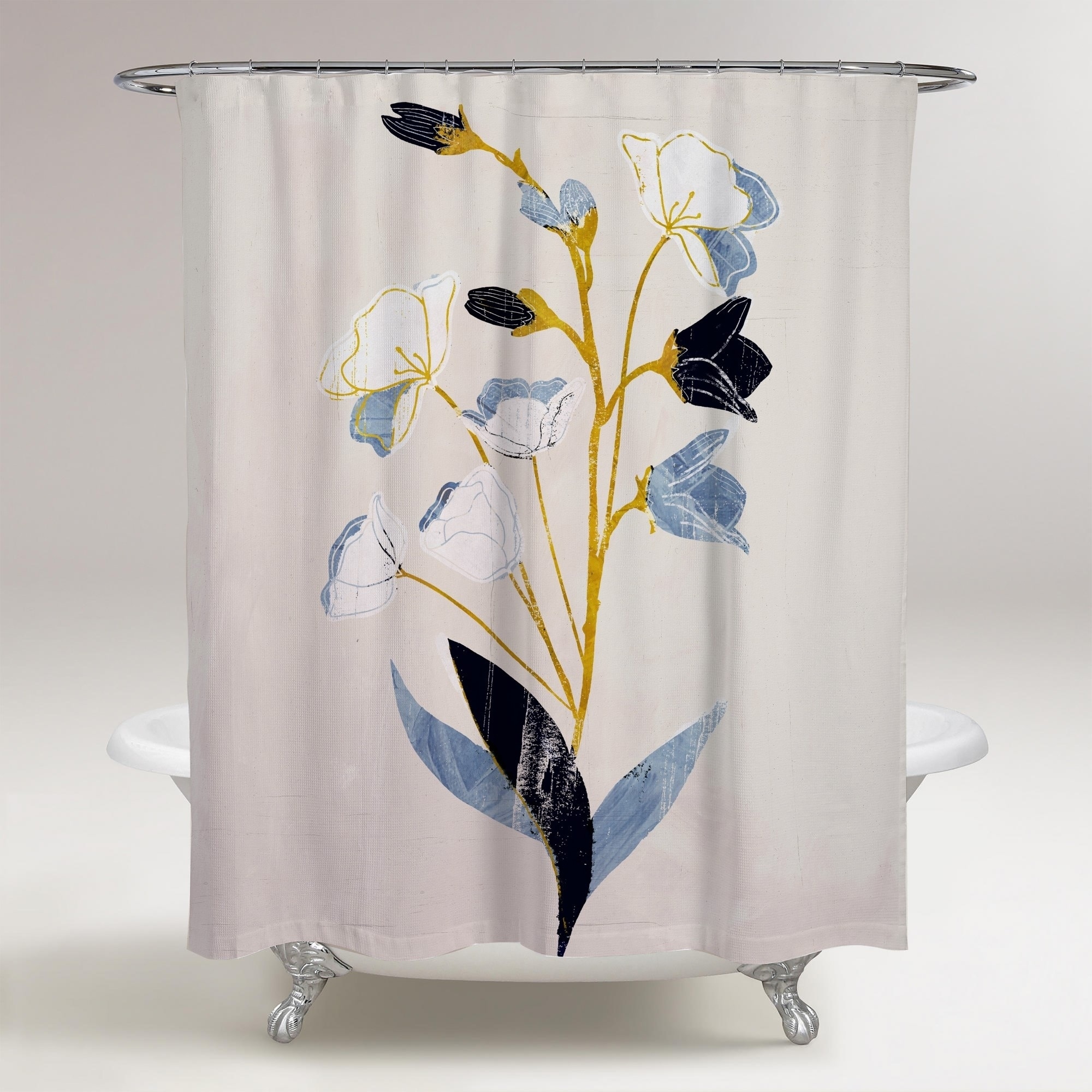 Oliver Gal White Flowers With Ochre Floral And Botanical Decorative Shower Curtain Florals Blue