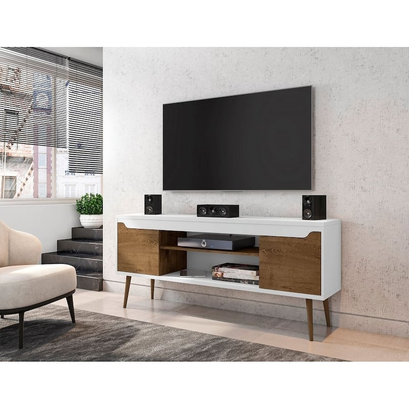 Manhattan Comfort Bradley 63 In. Storage Media Cabinet Console - White and Rustic Brown