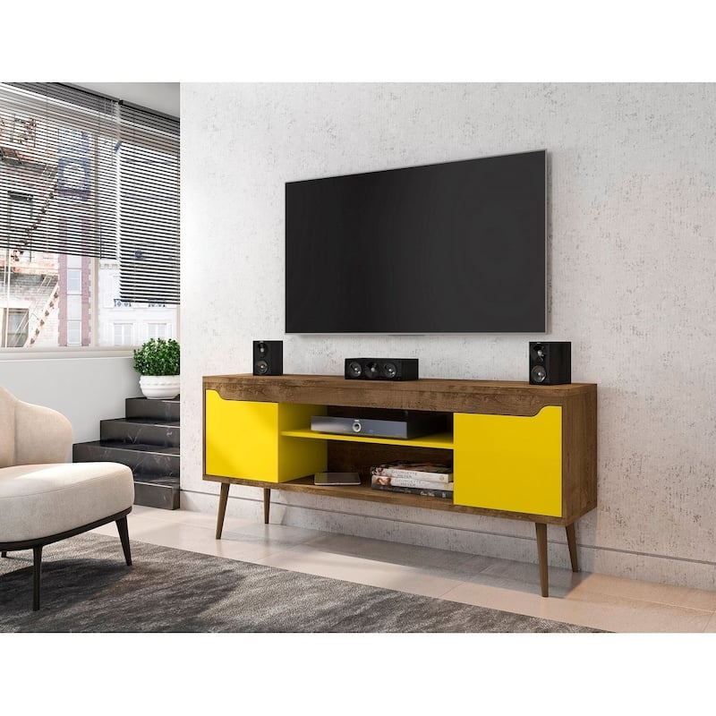 Manhattan Comfort Bradley 63 In. Storage Media Cabinet Console - Rustic Brown and Yellow