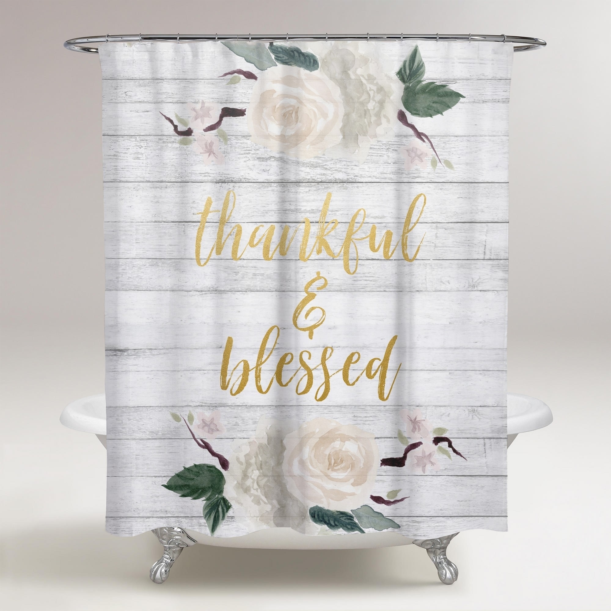 Oliver Gal Thankful And Blessed Square Typography Decorative Shower Curtain Inspirational Quotes And Sayings Gold