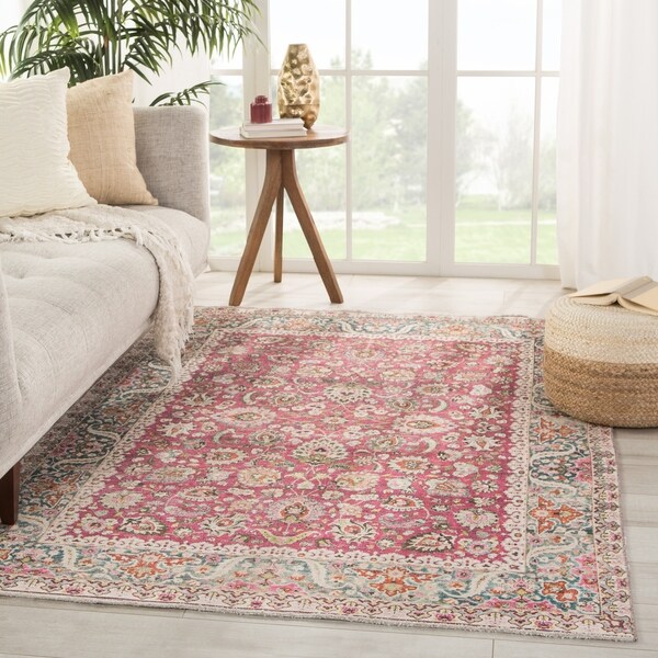 Shop woven antiquity jute wool flat weave rug (10�x14�) The Curated Nomad Falmine Oriental Floral Pink Oushak Area Rug