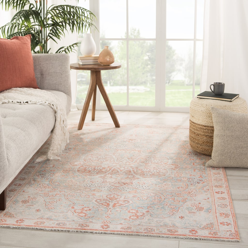 The Curated Nomad Lowas Printed Medallion Orange/ Blue Cotton Mix Area Rug