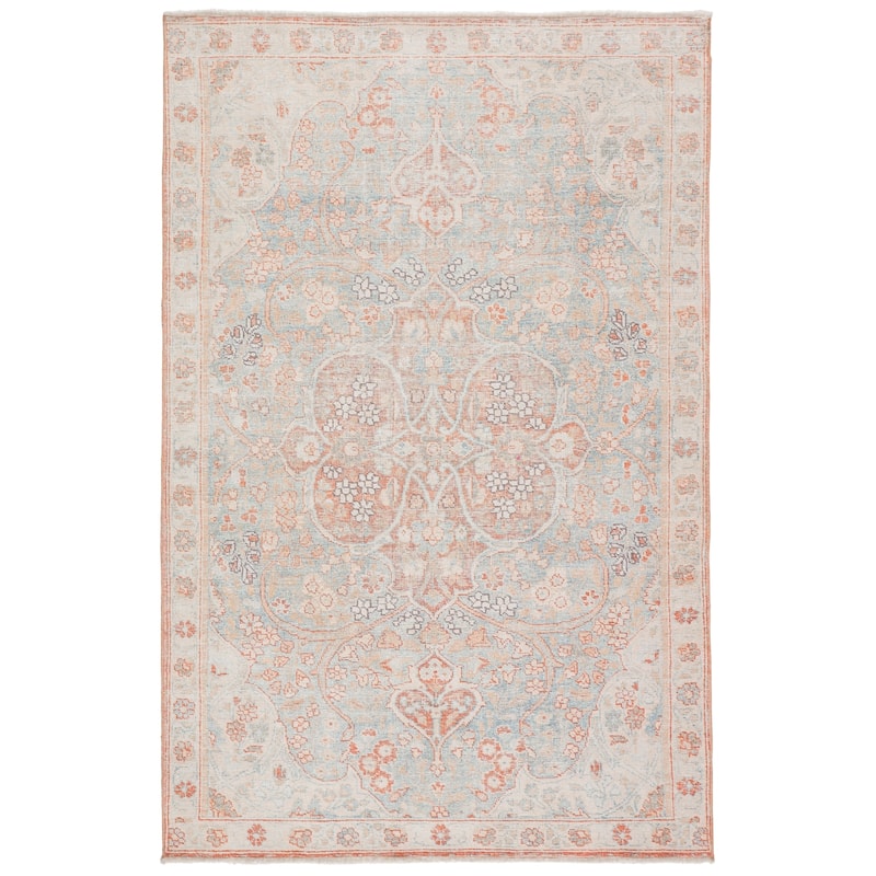 The Curated Nomad Lowas Printed Medallion Orange/ Blue Cotton Mix Area Rug - 5'X8' - Rectangle