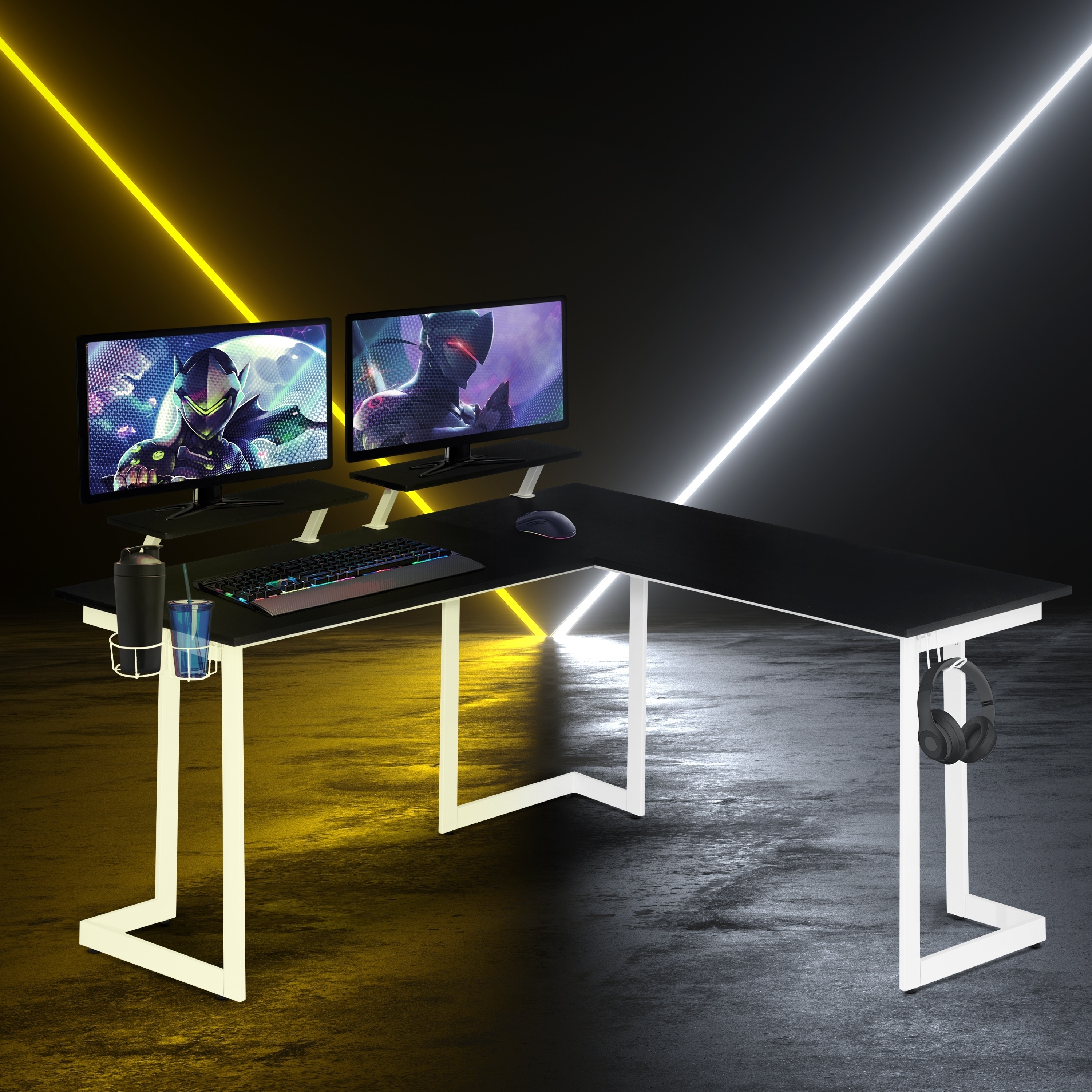 Carbon Fiber L Shaped Gaming Desk with LED Lights : DSR5454GLD