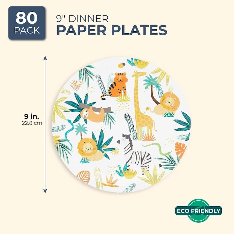 80-Pack Jungle Safari Animals Party Disposable Paper Plates 9" for Birthday Party