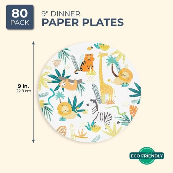 80-Pack Jungle Safari Animals Party Disposable Paper Plates 9" for Birthday Party