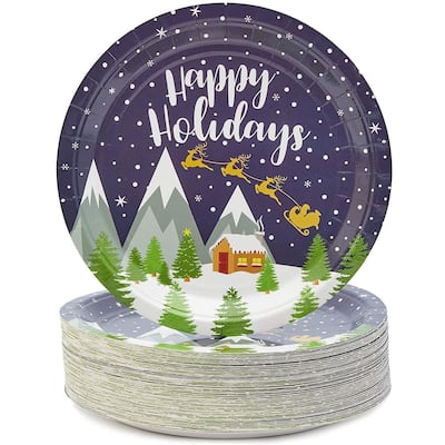 80-Pack Chrismas "Happy Holidays" Design Disposable Paper Plates 9" for Xmas Party