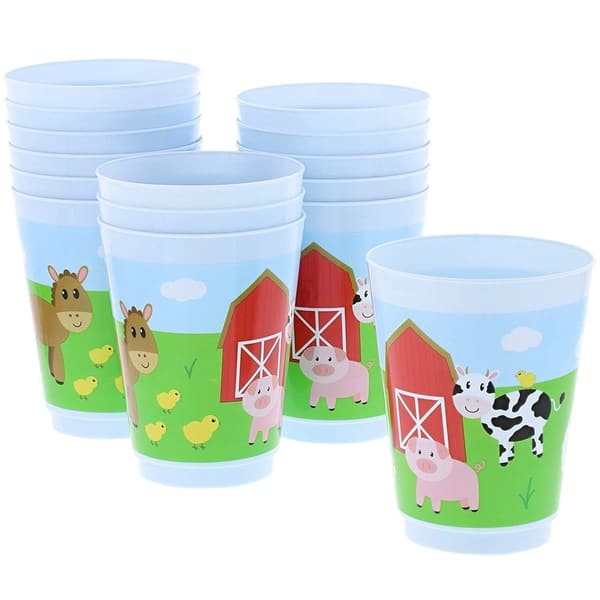 16-Pack Plastic 16 oz Party Cups Farm Animal Reusable Tumblers for Kids Birthday Parties - Multi