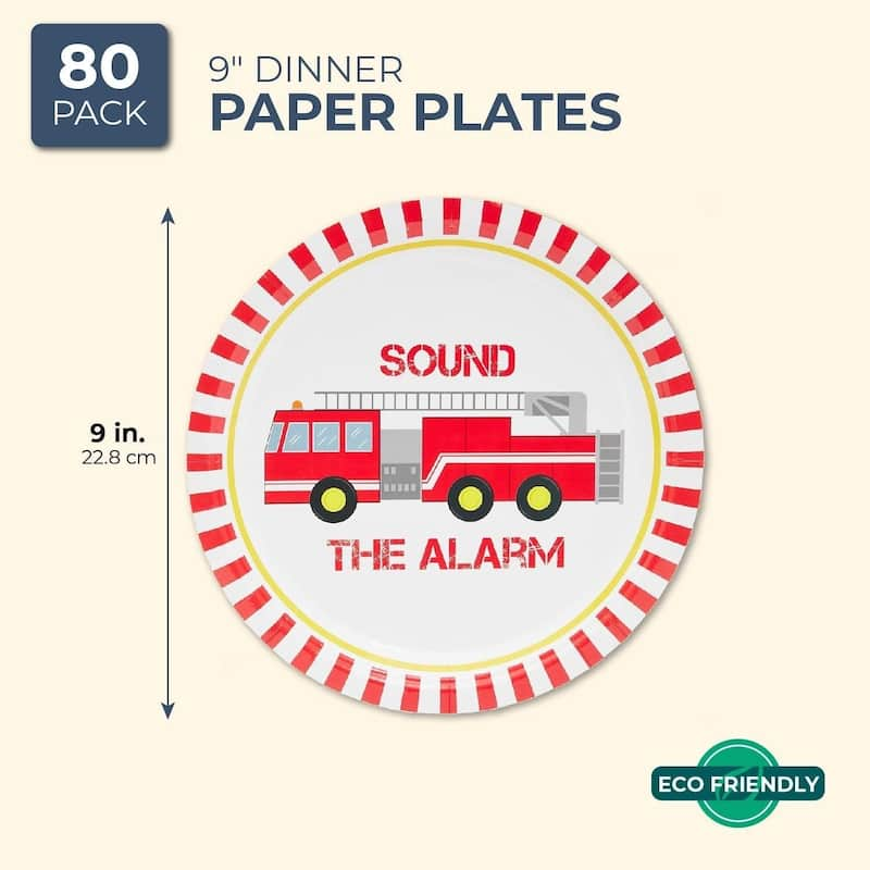 80-Pack Fire Fighter Truck Party Disposable Paper Plates 9" for Birthday Party