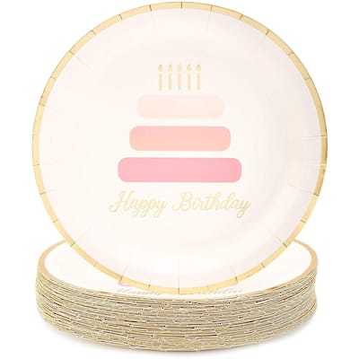 48-Pack Happy Birthday Cake Design Disposable Paper Plates 9" for Birthday Party
