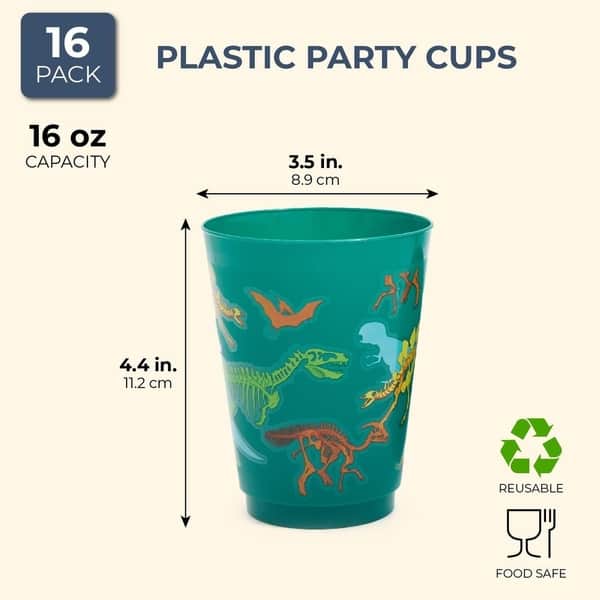 16-Pack Plastic 16 oz Party Cups, Dinosaur Reusable Tumblers for