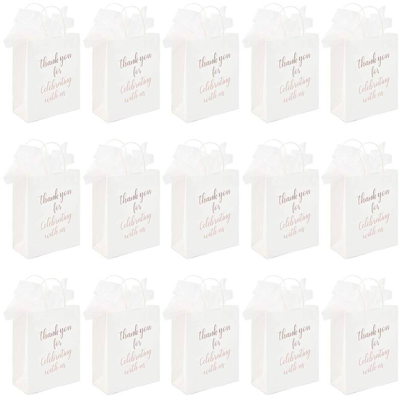 Blue Panda 15x Thank You Kraft Paper Gift Bags with Handles Tissue Rose Gold Foil Lettering