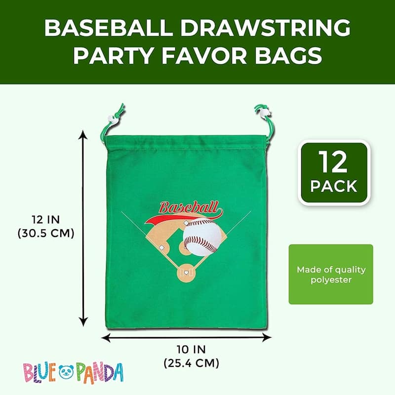 Blue Panda 12 Pack of Baseball Party Favor Bags, Drawstring Pouches for Birthday, 12 x 10"