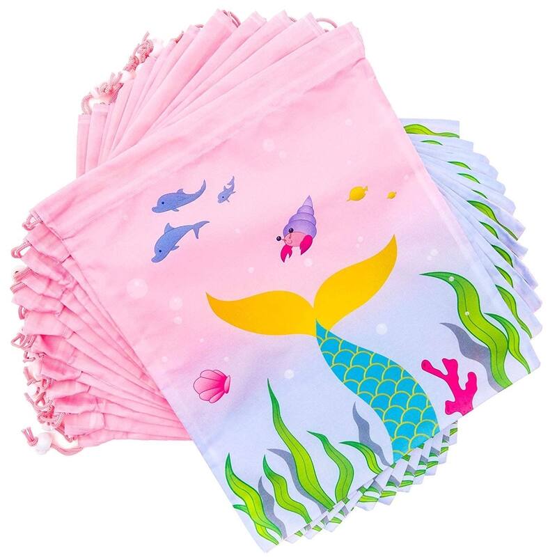 Blue Panda 12 Pack Mermaid Kids Party Favor Bags Drawstring Gift Bag for Girls Boys