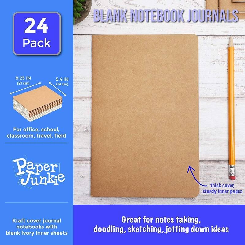 Paper Junkie 24 Pack Blank Journals, Bulk Sketchbooks, A5 Kraft Paper Notebooks, 5.5 x 8.3 In