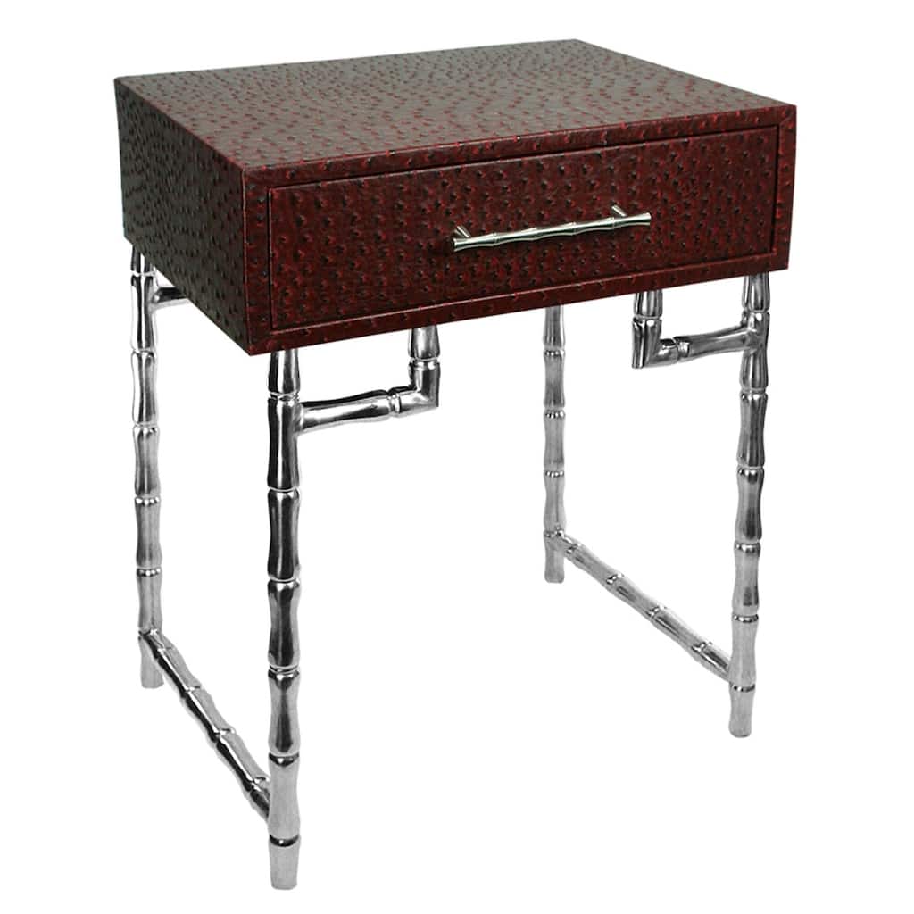 24 Inch Vintage 1 Drawer Accented Side Table, Faux Shagreen, Red, Silver
