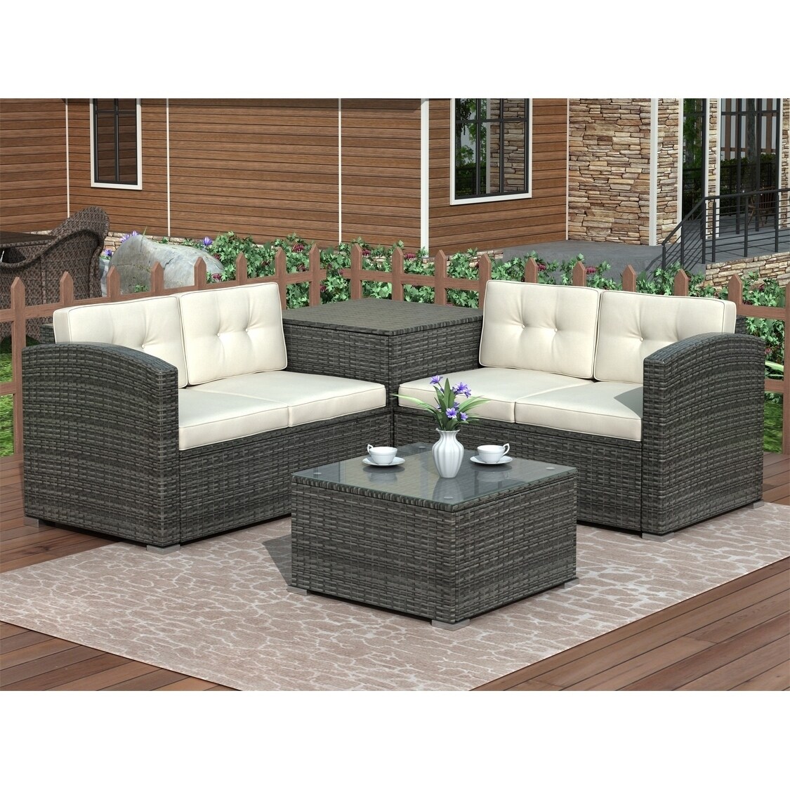 Shop Black Friday Deals On Merax 4 Piece Patio Rattan Sofa Loveseat Cushions With Storage Ottoman Overstock 31095490