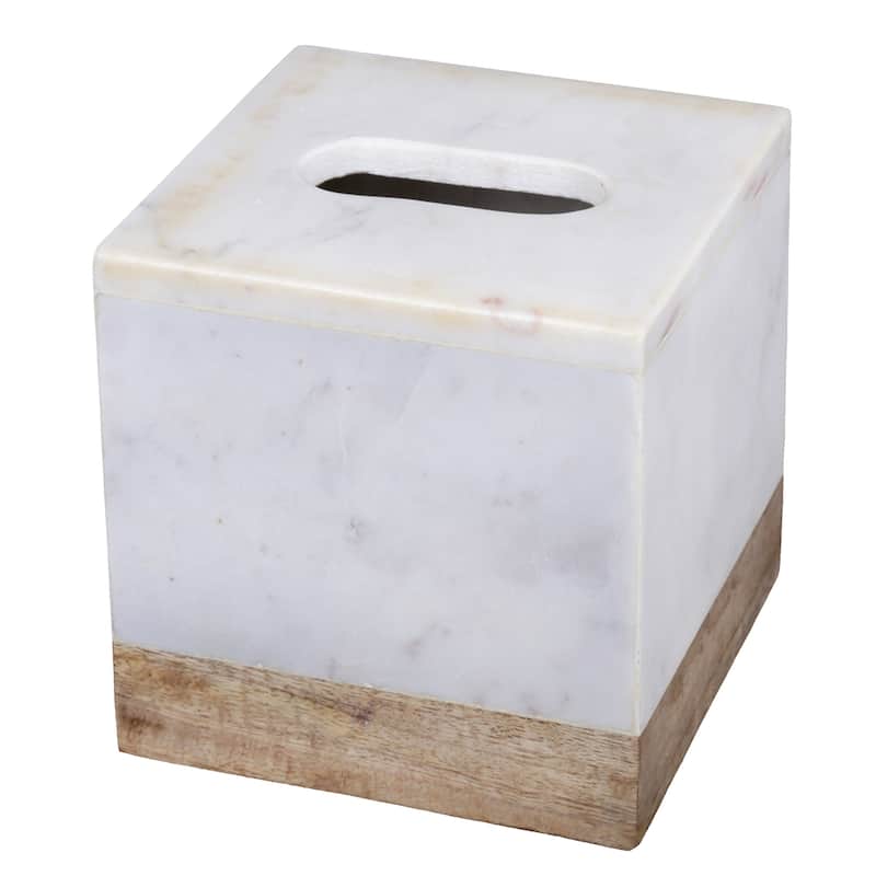 Creative Home Off-White Marble and Mango Wood Tissue Box Holder, Cover
