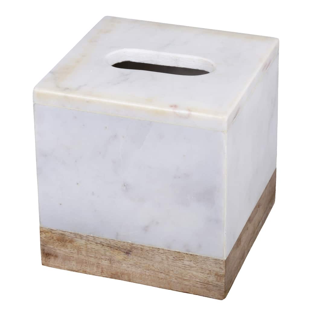 Creative Home Off-White Marble and Mango Wood Tissue Box Holder, Cover