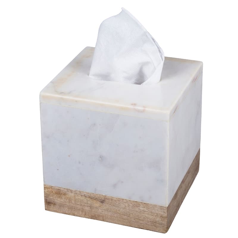 Creative Home Off-White Marble and Mango Wood Tissue Box Holder, Cover