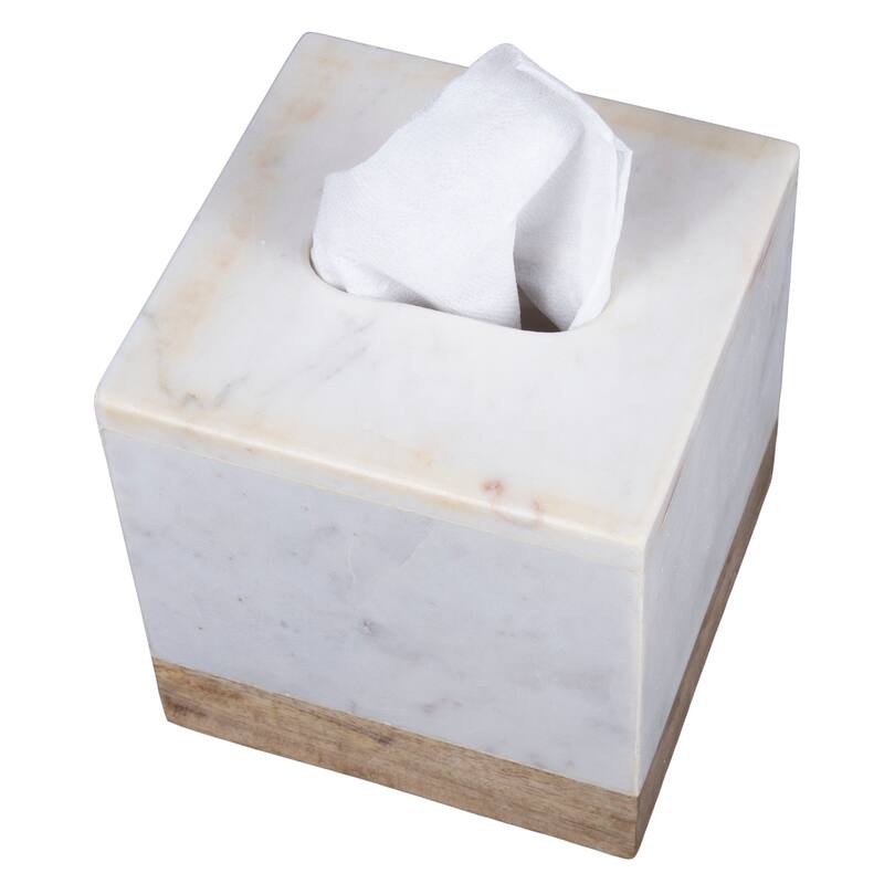 Creative Home Off-White Marble and Mango Wood Tissue Box Holder, Cover