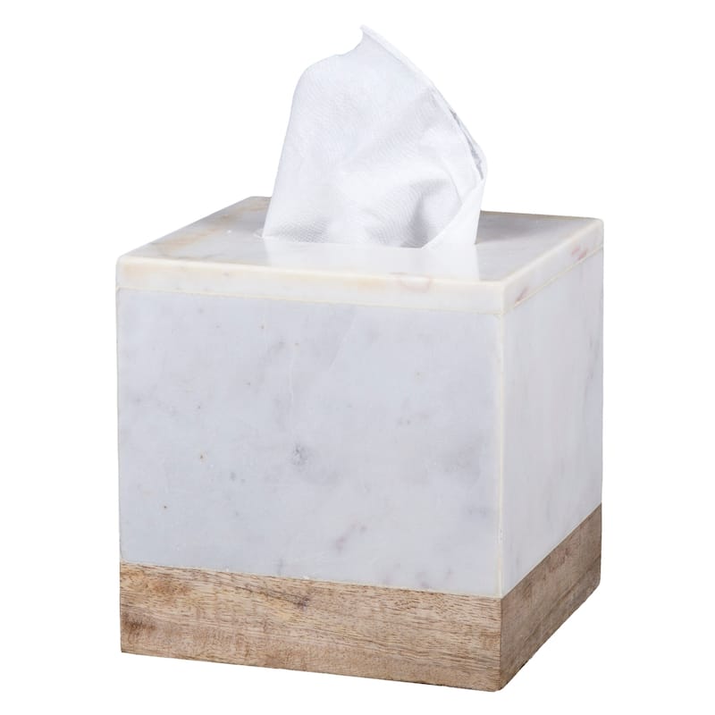 Creative Home Off-White Marble and Mango Wood Tissue Box Holder, Cover