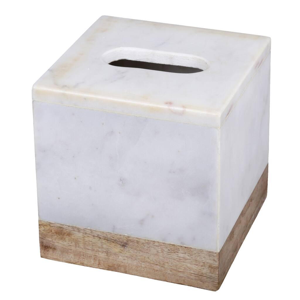 Creative Home Off-White Marble and Mango Wood Tissue Box Holder, Cover