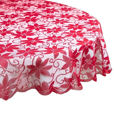 Lace Round Table Cloth Cover, 72 inches Diameter Poinsettia Red Circle Tablecloth for Christmas Holiday Party, Festive Events