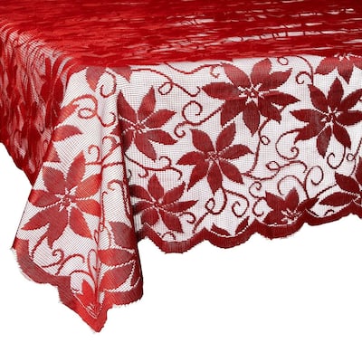 Lace Rectangular Table Cloth Cover, 60 x 80 inches Poinsettia Red Tablecloth for Christmas Holiday Party, Festive Events
