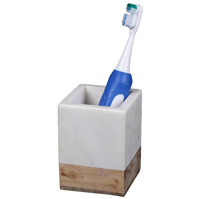 Creative Home Off-White Marble and Mango Wood Tumbler, Toothbrush Holder, Makeup Brush Organizer