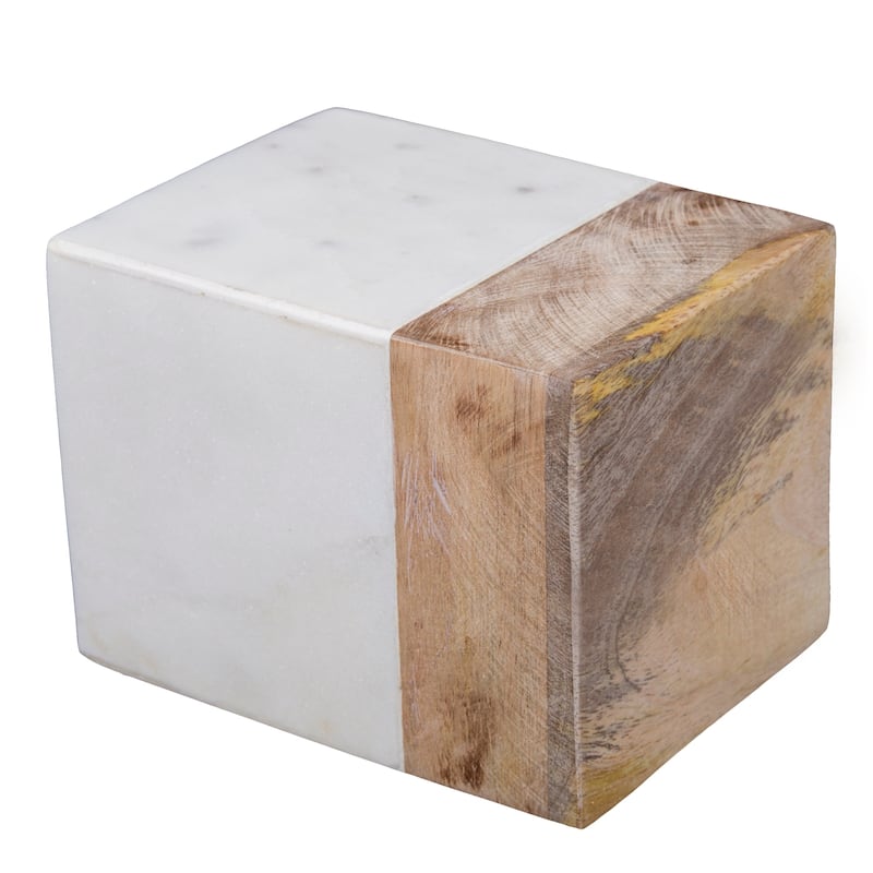 Creative Home Off-White Marble and Mango Wood Tumbler, Toothbrush Holder, Makeup Brush Organizer