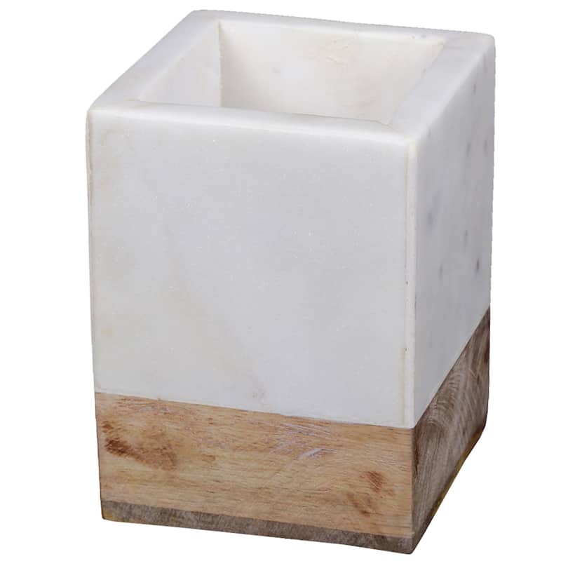Creative Home Off-White Marble and Mango Wood Tumbler, Toothbrush Holder, Makeup Brush Organizer