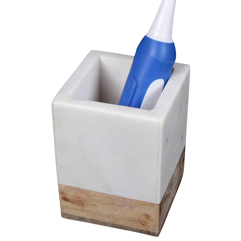 Creative Home Off-White Marble and Mango Wood Tumbler, Toothbrush Holder, Makeup Brush Organizer