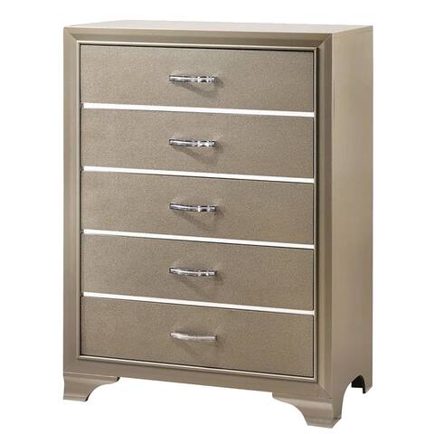 Five Drawer Wooden Chest with Polished Metallic Pulls, Champagne Gold