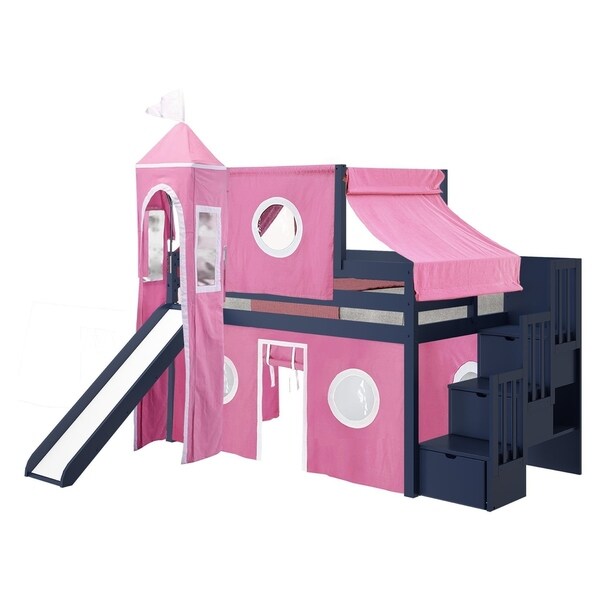 JACKPOT! Princess Low Loft Stairway Bed With Slide Pink & White Tent ...