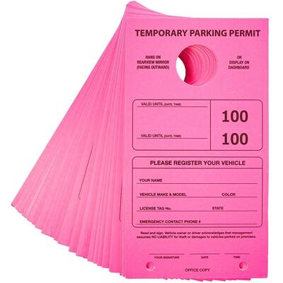 Juvale 100pcs Temporary Parking Permit Hang Tag over Mirrors Numbered 1-100 Neon Pink