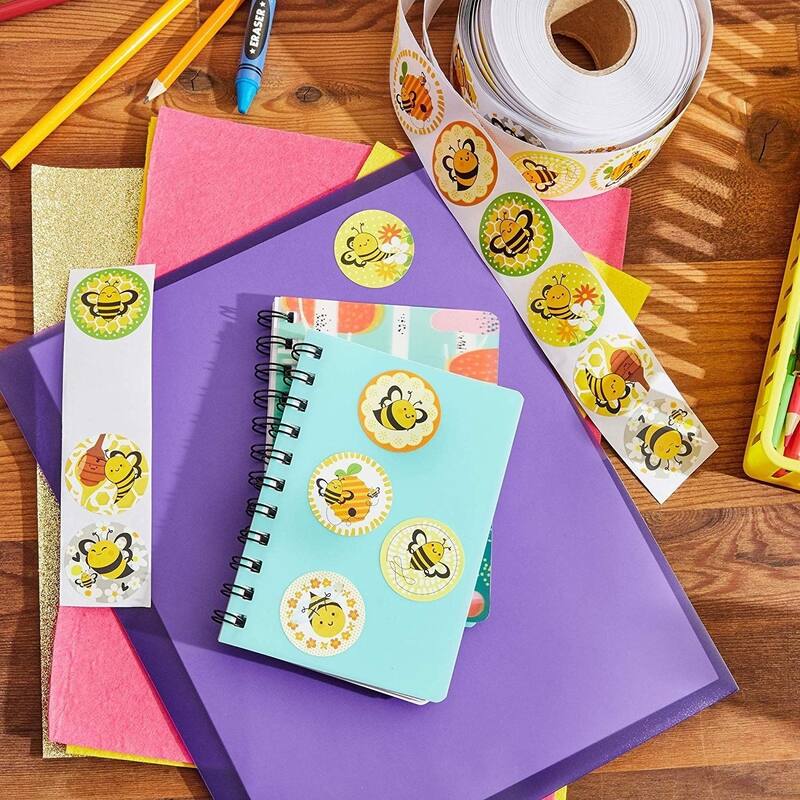 Blue Panda 1000 Piece Bumble Bee Sticker Roll for Kids, Party Favors, Scrapbooks, 8 Designs