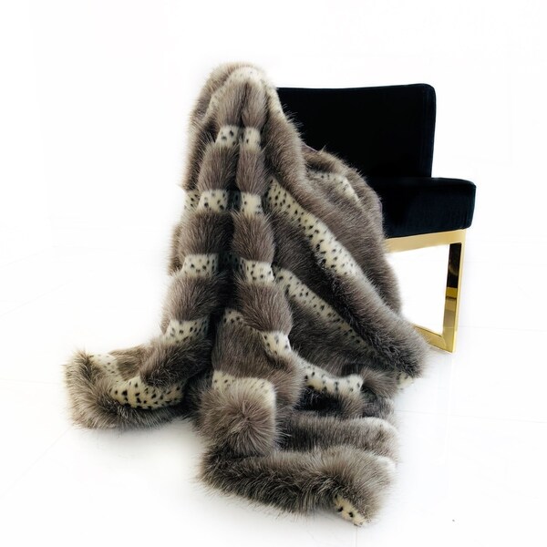 Plutus Gray Two Tone Feather Faux Fur Luxury Throw Blanket Bed