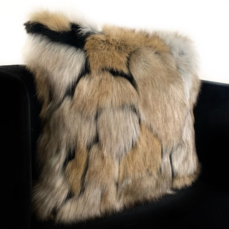 Plutus Taupe, Black Wild Wolf Animal Faux Fur Luxury Throw Pillow - On 