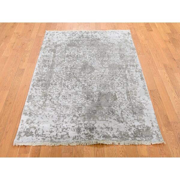 Shahbanu Rugs Silver Dark Gray Erased Persian Design Wool And Pure Silk Hand Knotted Oriental Rug 4 0 X 6 0 4 0 X 6 0 On Sale Overstock