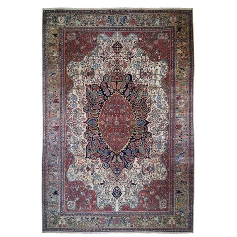 Shahbanu Rugs Oversized Antique Persian Sarouk Fereghan with Birds Full Pile and Soft Hand Knotted Oriental Rug (12'2" x 18'8")