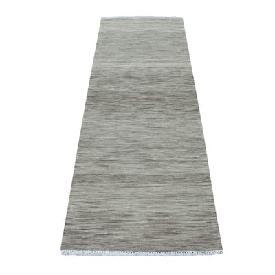 Shahbanu Rugs Gray Green Reversible Kilim Pure Wool Hand Woven Runner Oriental Rug (2'4" x 6'3") - 2'4" x 6'3"