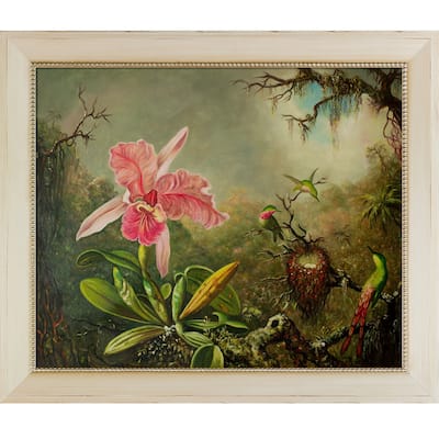 La Pastiche Cattleya Orchid and Three Hummingbirds, 1871 with Constantine Frame, 24.5" x 28.5"