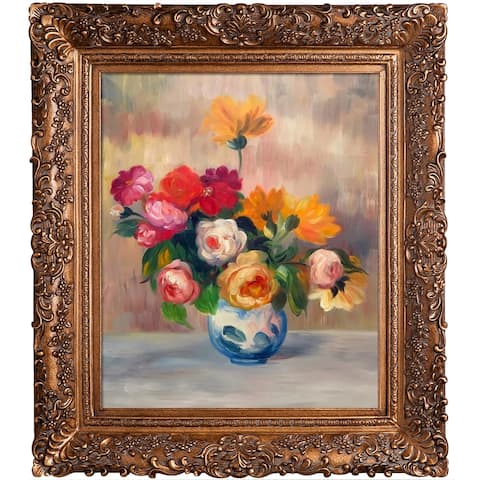 La Pastiche Vase of Roses and Dahlias with Burgeon Gold Frame, 29.5" x 33.5"
