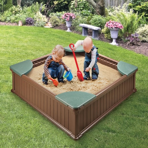 Outsunny Kids Sandbox with Cover and Storage Buckets, Outdoor