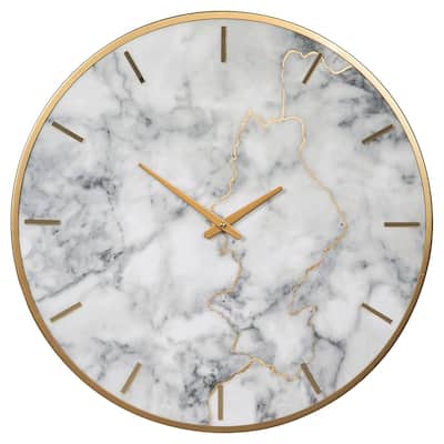 Round Metal Wall Clock with Faux Marble Background, Gold and White