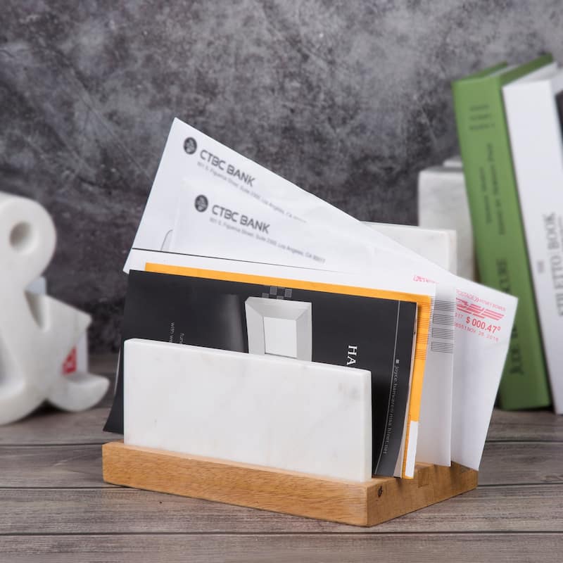 Creative Home White Marble and Mango Wood Letter and Document Sorter, Organizer