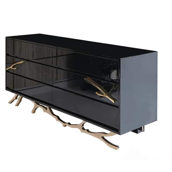 6 Drawer Wooden Dresser with Metal Legs and Accents, Black and Gold